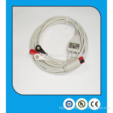 BIONET compatible fixed one-piece 3-lead ECG cable for patient monitor with snap terminals